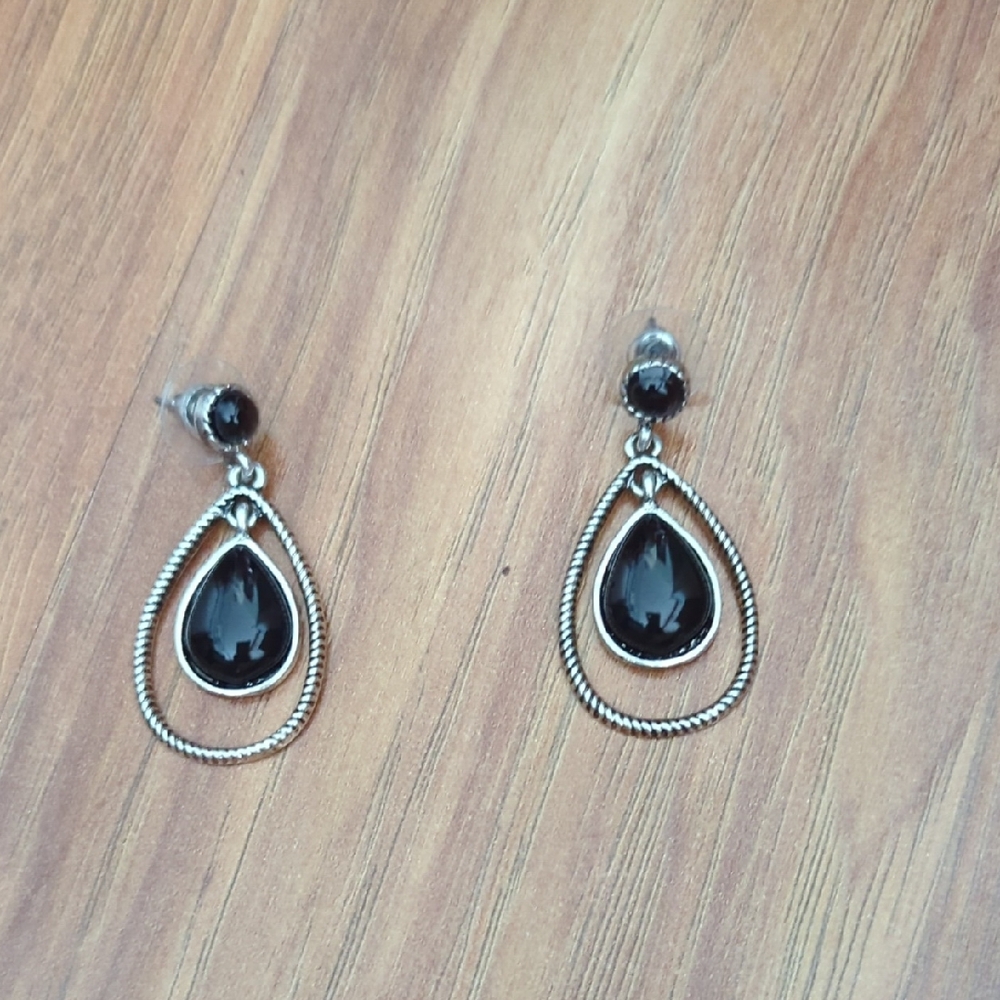 Black Teardrop Silver-Tone Dangle Earrings - Women Jewelry